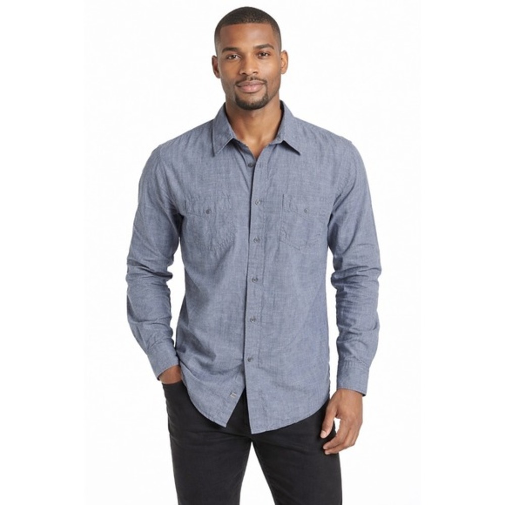 PD&C Chambray Micro Stripe Long Sleeve‎ Button Down Shirt Dual Pocket L 77-20